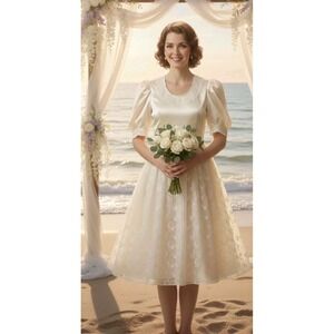 Vintage 80s Short Sleeve Midi Dress Off White Floral Lace Wedding Bridesmaid